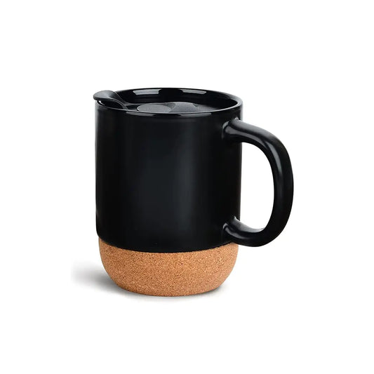 15oz Insulated Ceramic Cup Cork Bottom Large Lid Coffee Mug - Black